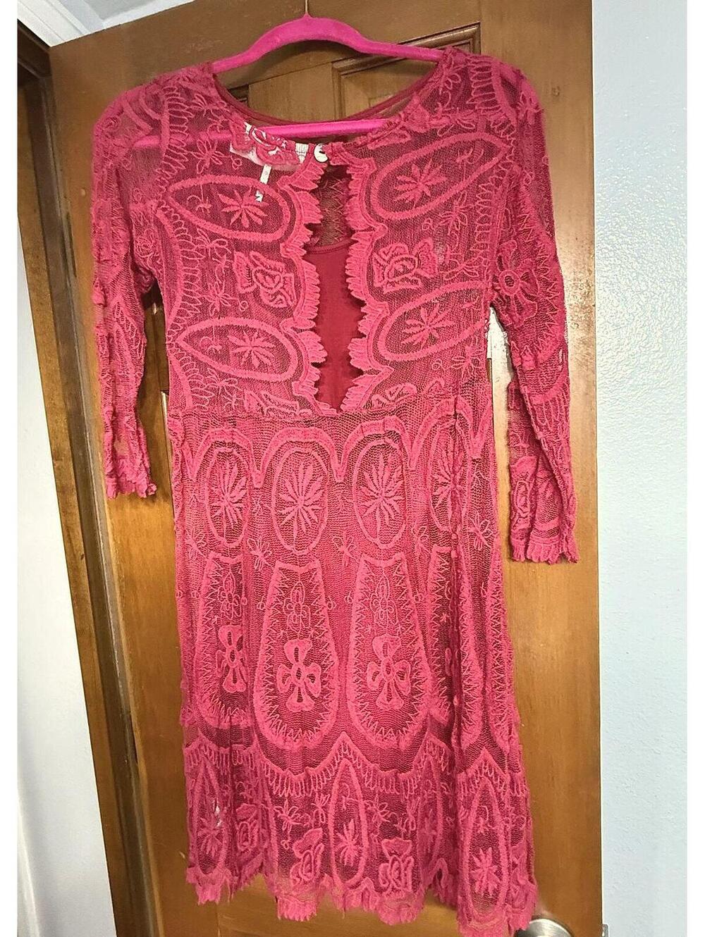 Free People Jens Pirate Booty Three-Quarter Sleeve Lace Raspberry Dress Size XS